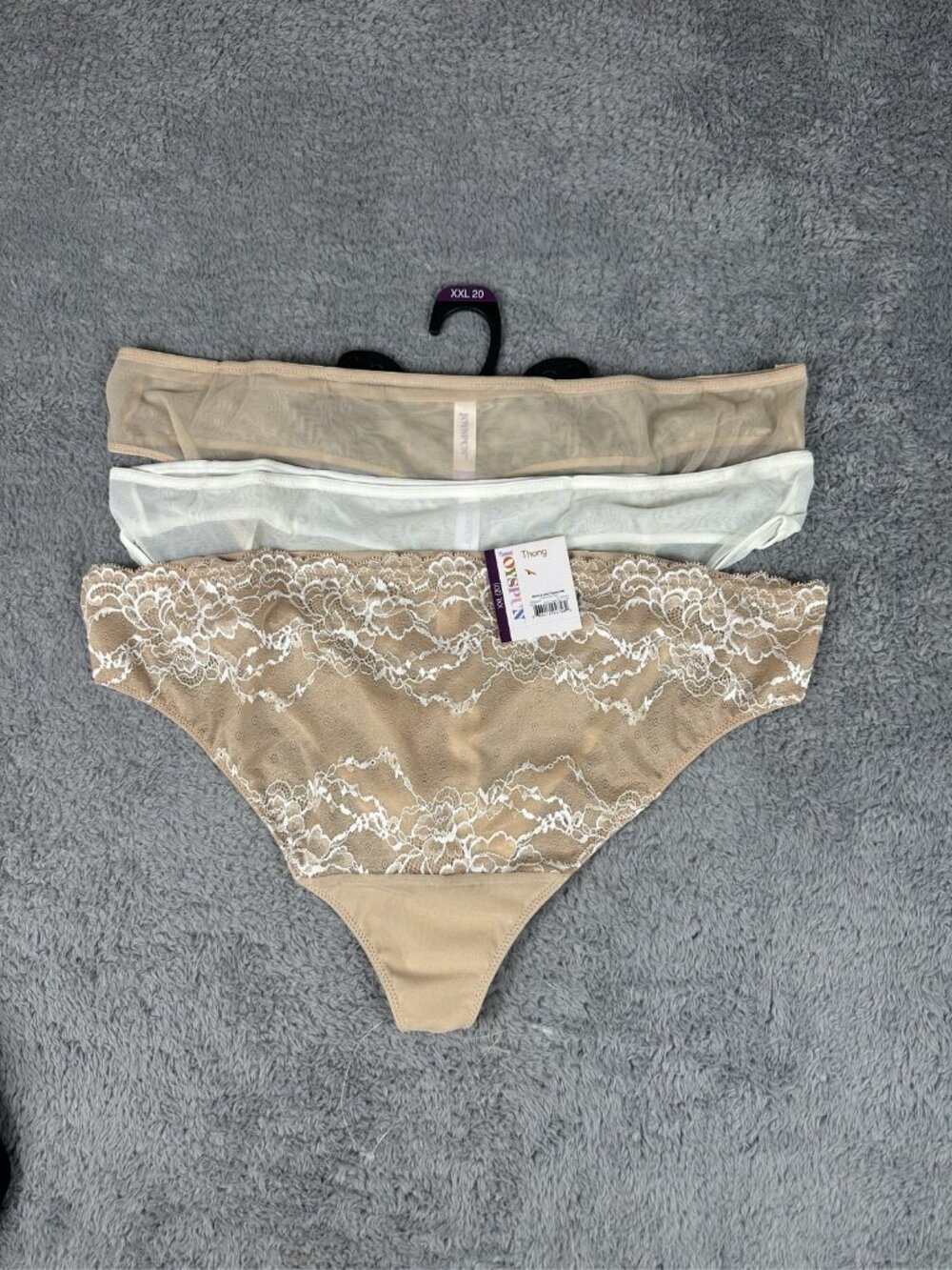 Joyspun Women's Mesh & Lace Thong Panties 3-Pack Size XXL (20) Tan/White